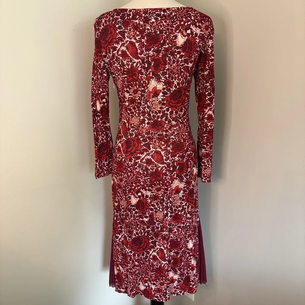 Tory Burch Ria Red Butterfly Floral Dress S Sheath Pleated Side Slit Long Sleeve